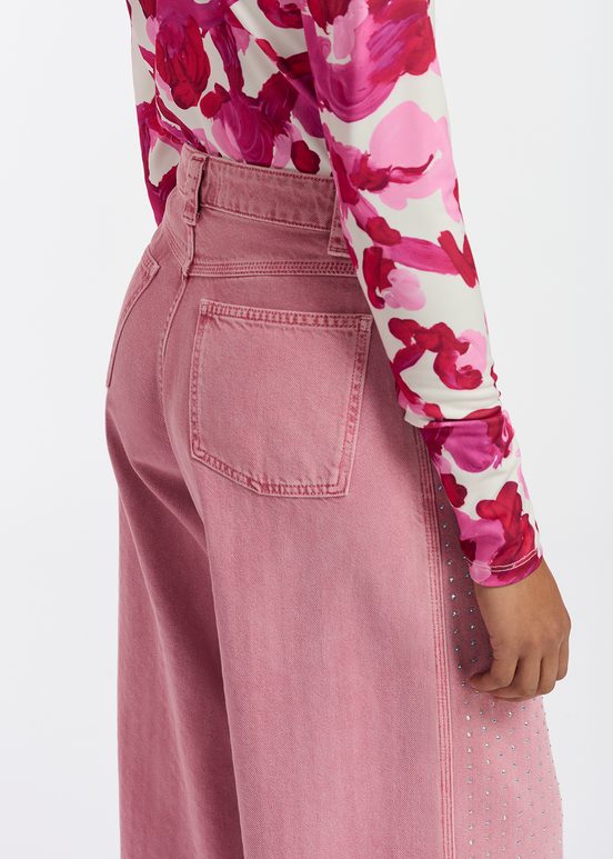 Pink rhinestone-embellished wide-leg jeans