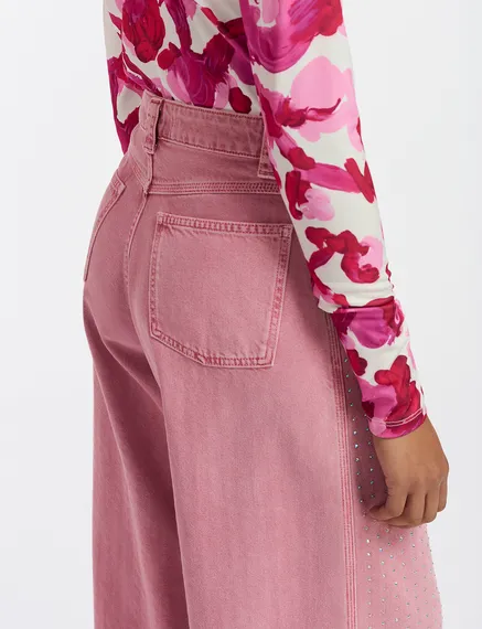 Pink rhinestone-embellished wide-leg jeans