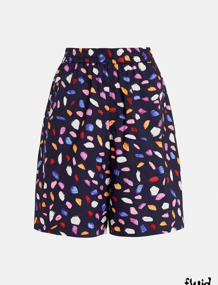 Navy blue cotton shorts with abstract print