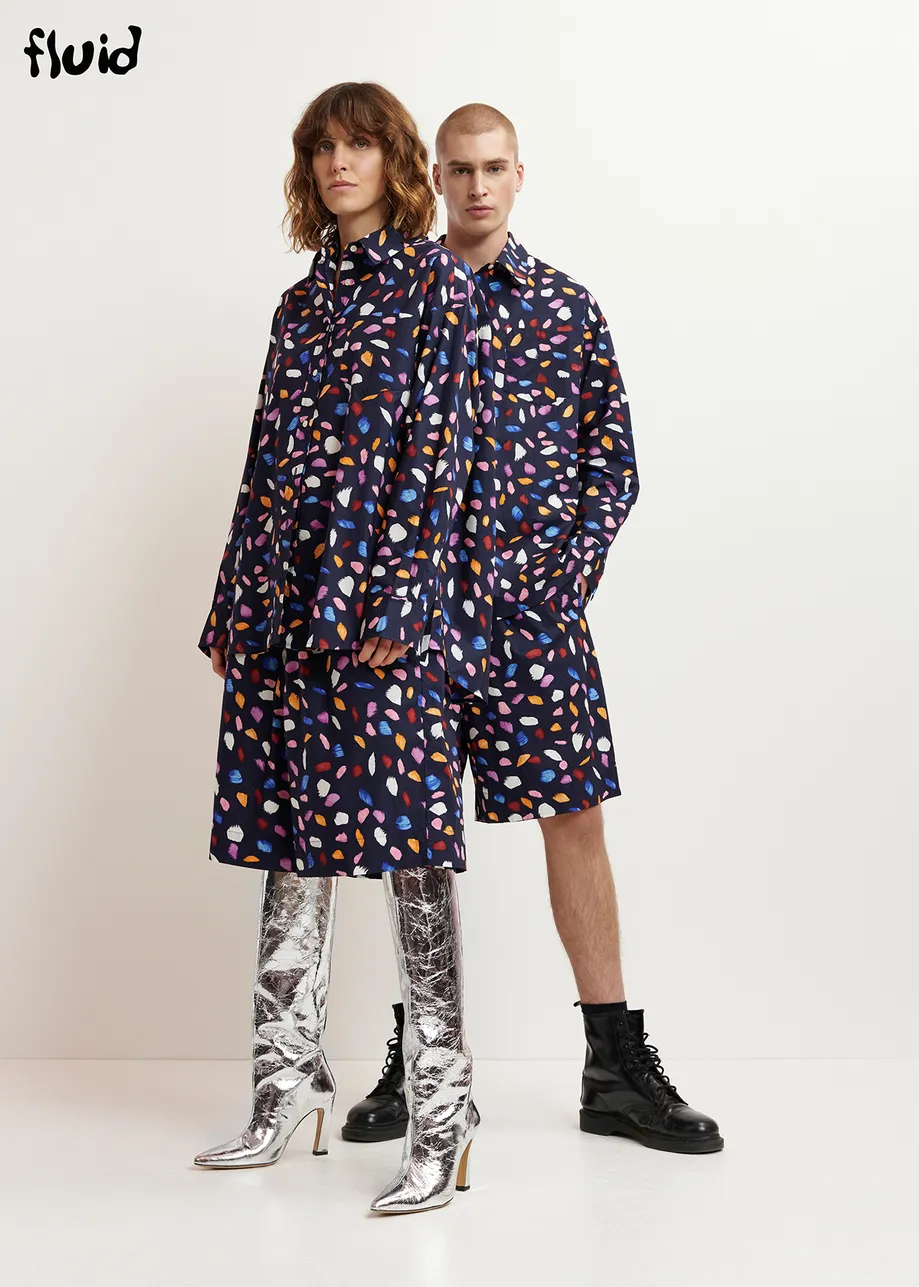 Navy blue cotton shorts with abstract print