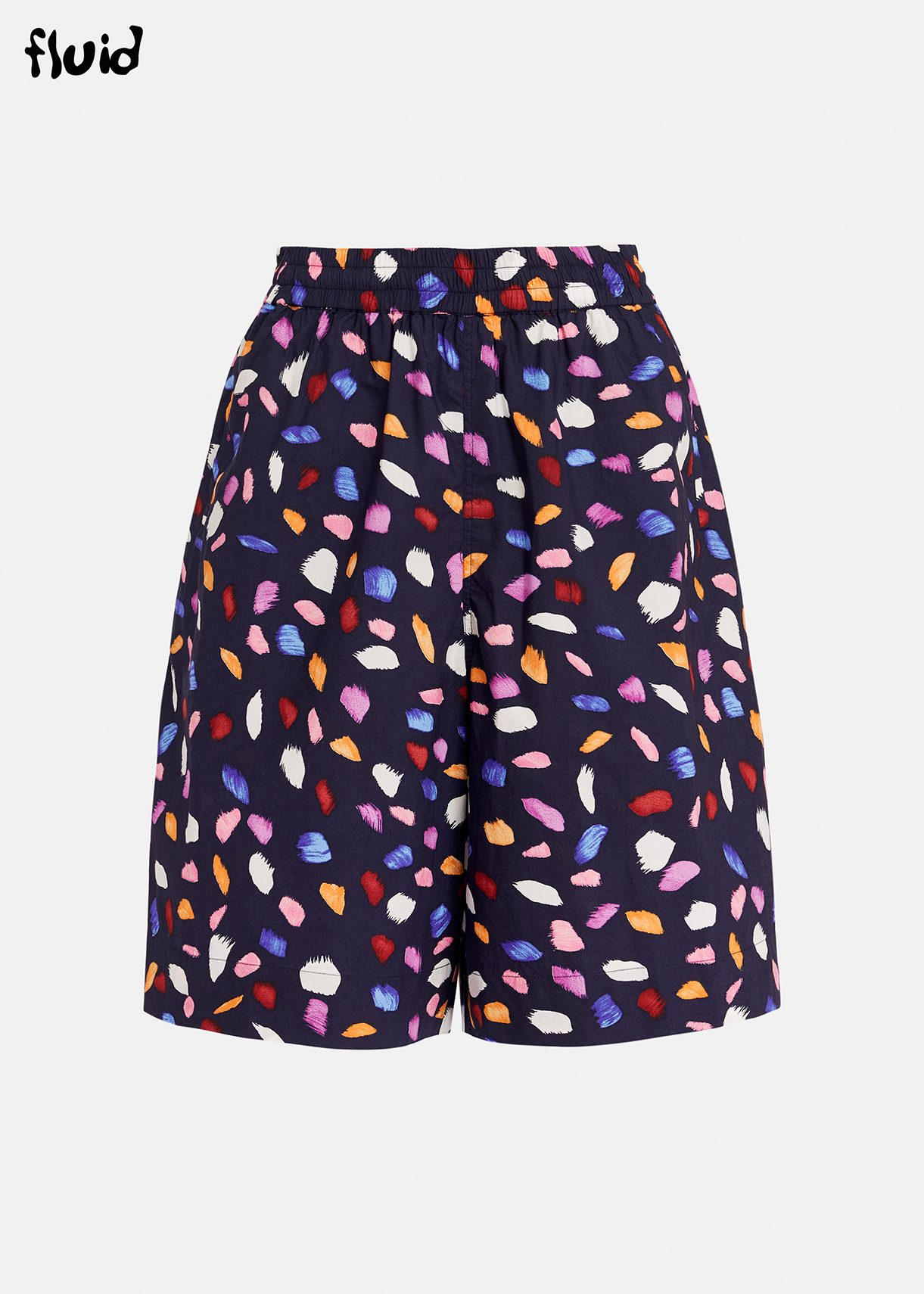 Navy blue cotton shorts with abstract print