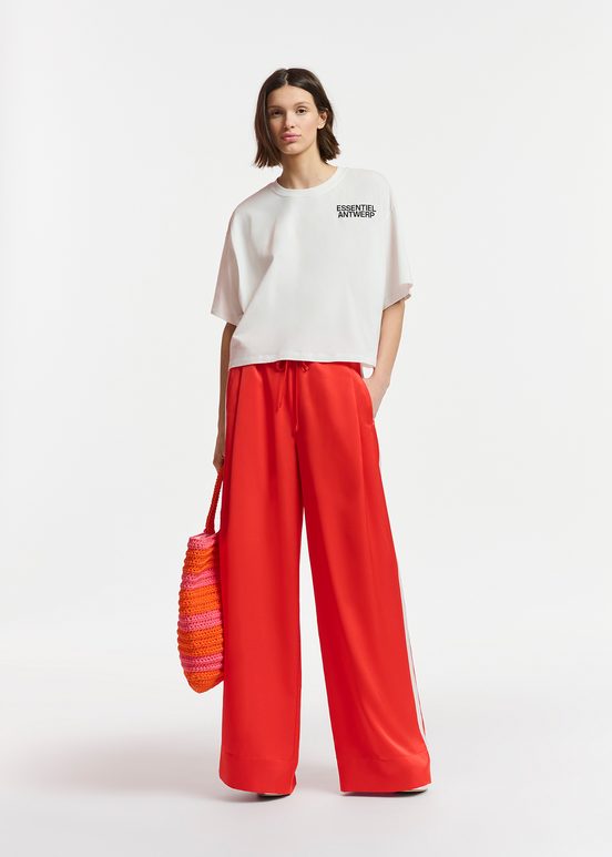 Red wide-leg pants with white stripes