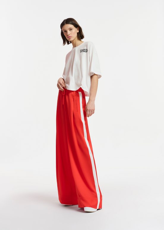 Red wide-leg pants with white stripes