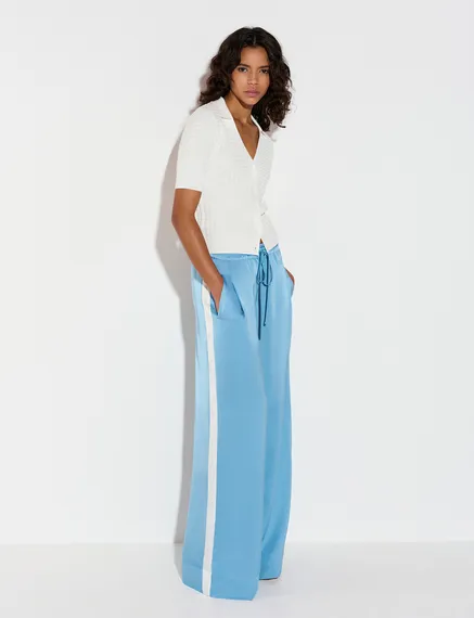 Light blue wide-leg pants with white stripes