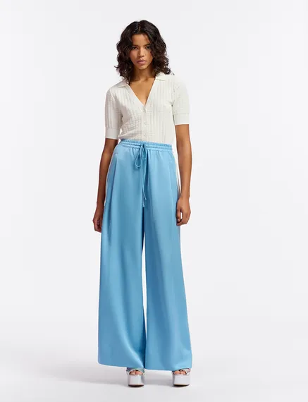 Light blue wide-leg pants with white stripes