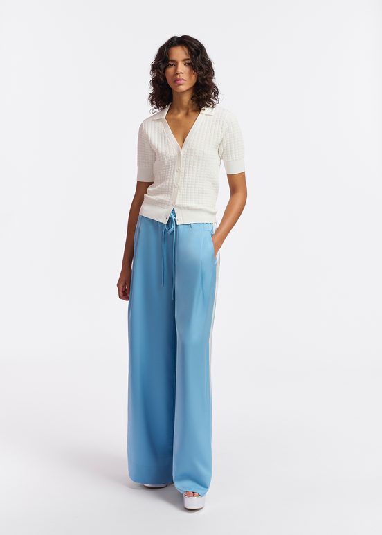 Light blue wide-leg pants with white stripes