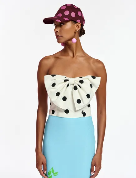 Top bustier à pois blanc et noir avec nœud