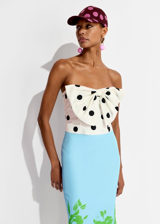 White and black polka-dot bustier top with bow