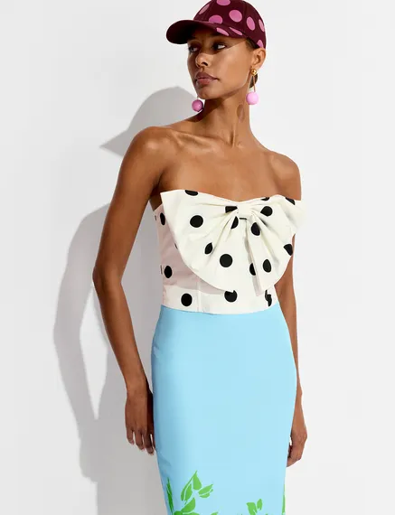 White and black polka-dot bustier top with bow