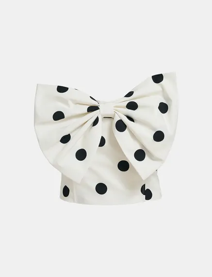 White and black polka-dot bustier top with bow