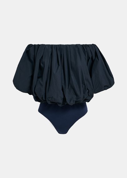 Navy blue gathered bodysuit with puffed sleeves