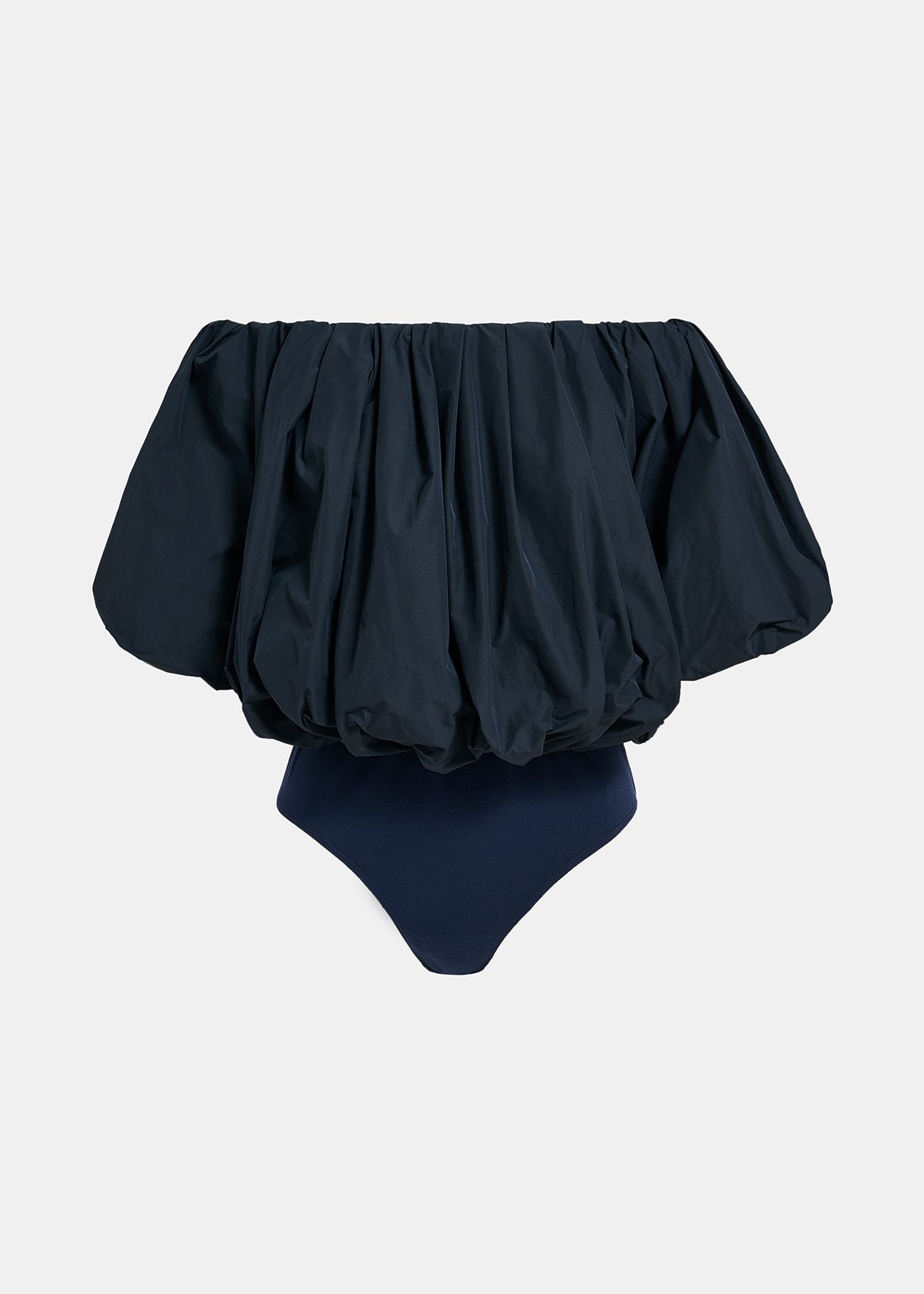 Navy blue gathered bodysuit with puffed sleeves