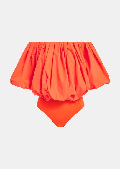 Orange gathered bodysuit with puffed sleeves