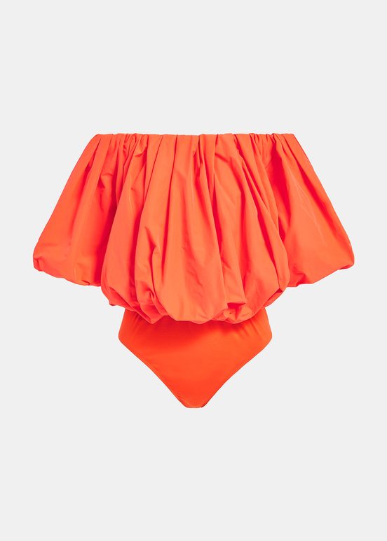 Orange gathered bodysuit with puffed sleeves