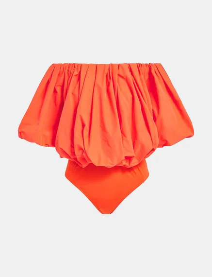 Orange gathered bodysuit with puffed sleeves