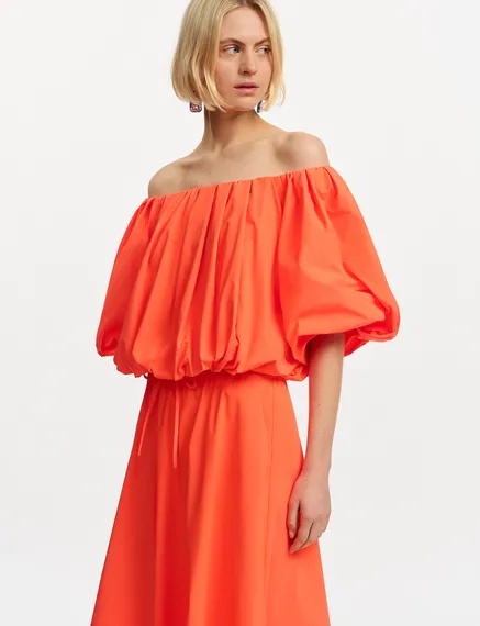 Orange gathered bodysuit with puffed sleeves