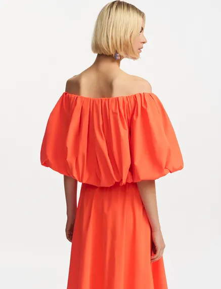 Orange gathered bodysuit with puffed sleeves