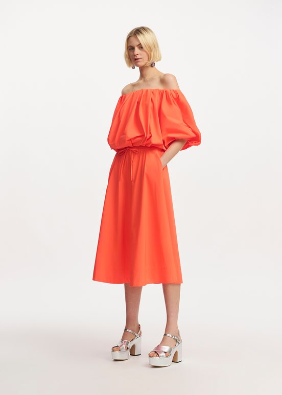 Orange gathered bodysuit with puffed sleeves