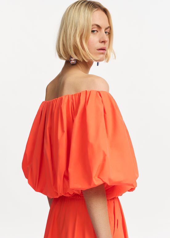 Orange gathered bodysuit with puffed sleeves