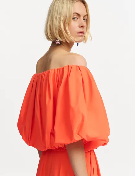 Orange gathered bodysuit with puffed sleeves