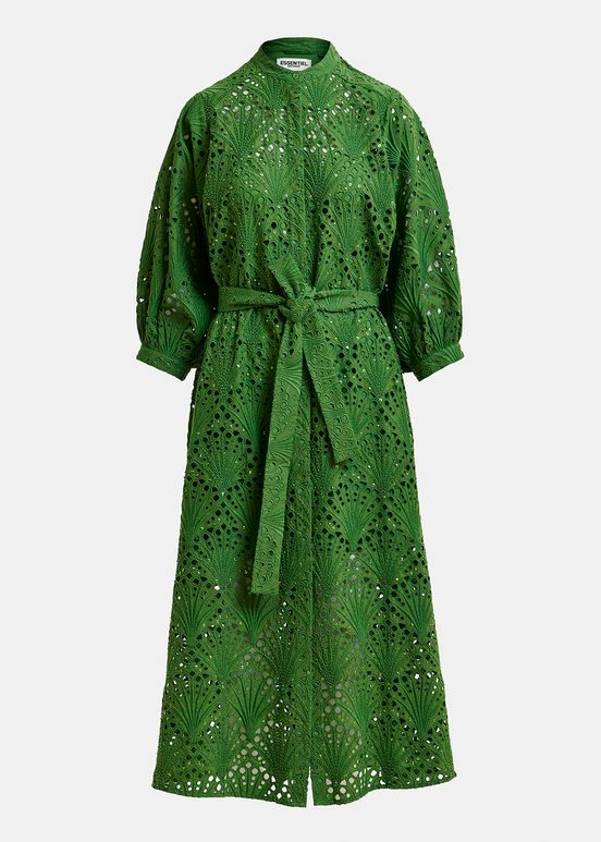 Dark green broderie anglaise cotton midi-length dress