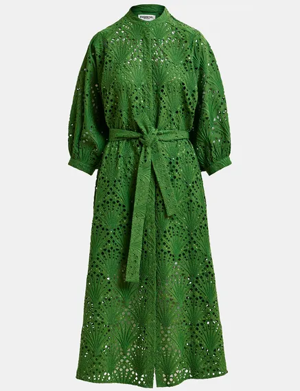 Dark green broderie anglaise cotton midi-length dress