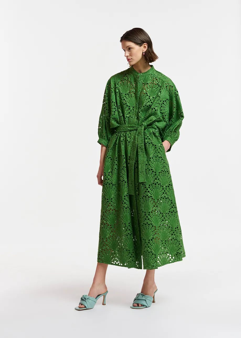 Dark green broderie anglaise cotton midi-length dress