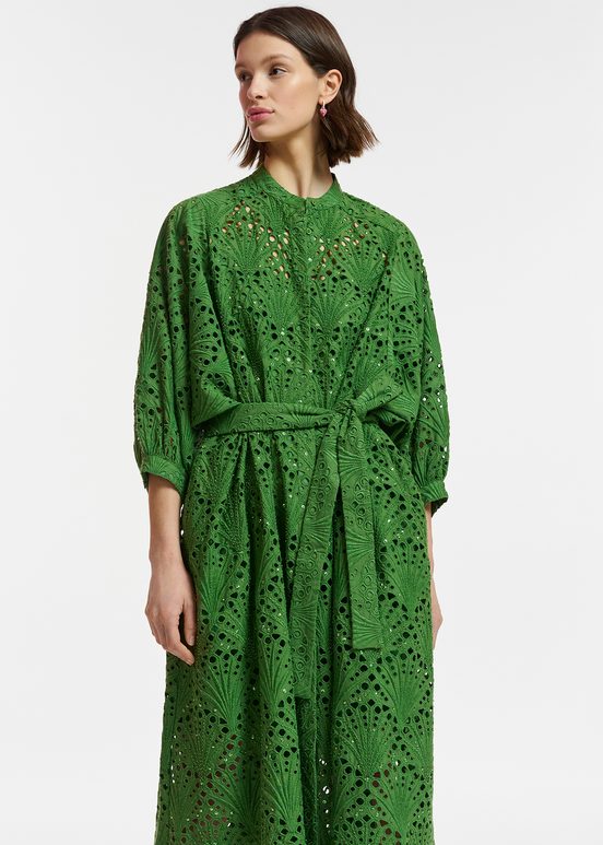 Dark green broderie anglaise cotton midi-length dress