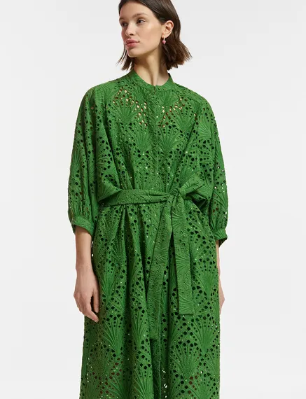 Dark green broderie anglaise cotton midi-length dress