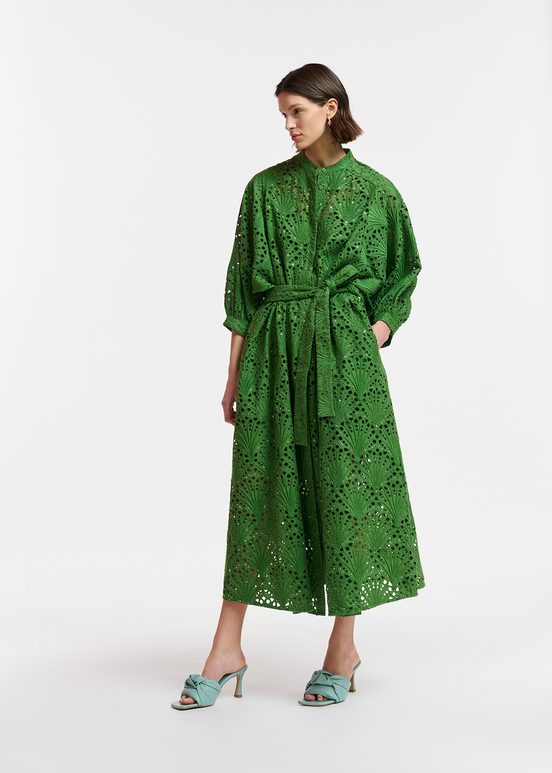 Dark green broderie anglaise cotton midi-length dress