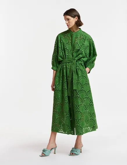 Dark green broderie anglaise cotton midi-length dress