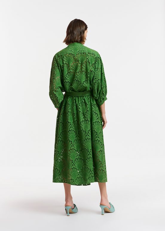 Dark green broderie anglaise cotton midi-length dress