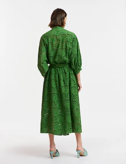 Dark green broderie anglaise cotton midi-length dress