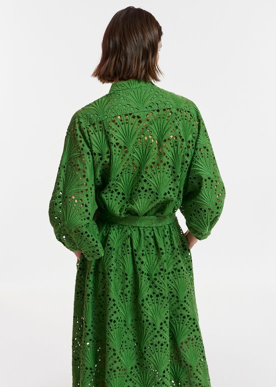 Dark green broderie anglaise cotton midi-length dress