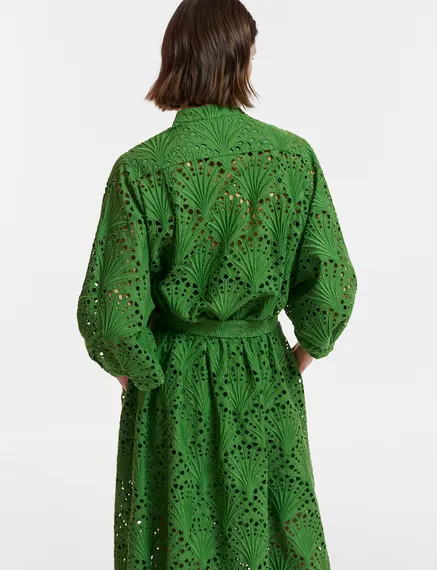 Dark green broderie anglaise cotton midi-length dress