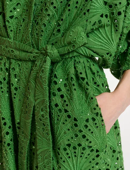 Robe midi vert foncé en broderie anglaise de coton