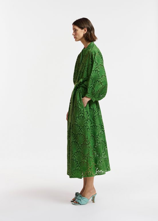 Dark green broderie anglaise cotton midi-length dress