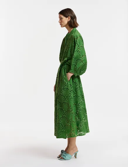 Dark green broderie anglaise cotton midi-length dress