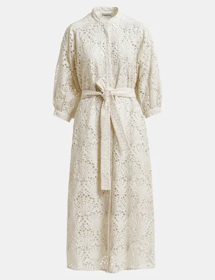 Robe midi blanc cassé en broderie anglaise de coton