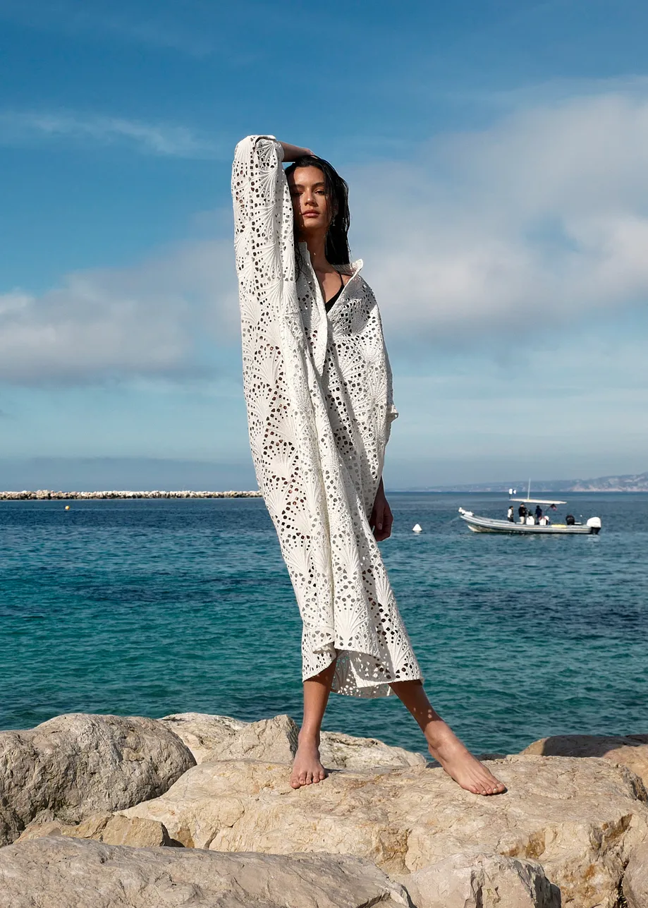 Off-white broderie anglaise cotton midi-length dress