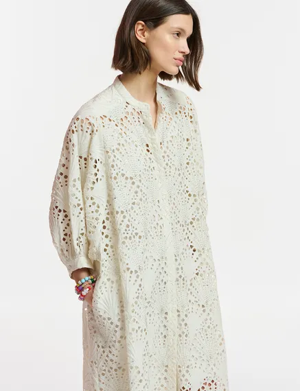 Robe midi blanc cassé en broderie anglaise de coton