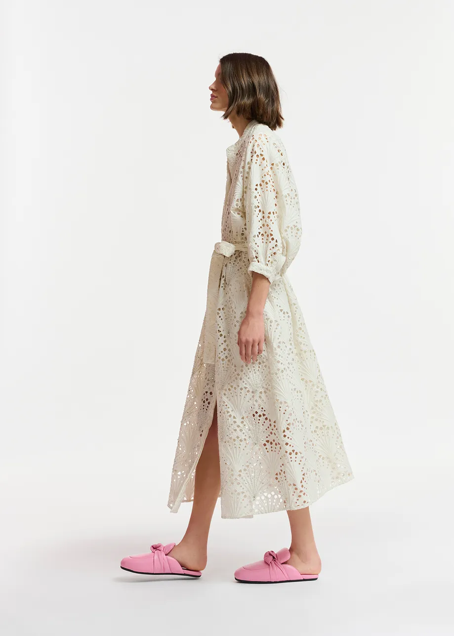 Off-white broderie anglaise cotton midi-length dress