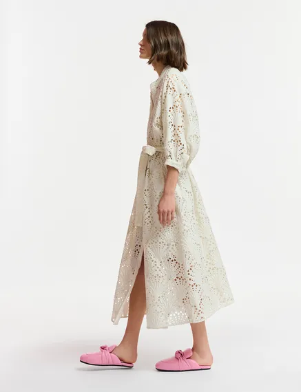 Robe midi blanc cassé en broderie anglaise de coton