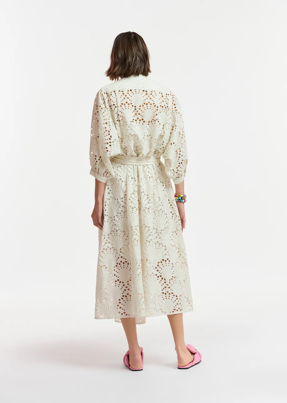 Off-white broderie anglaise cotton midi-length dress