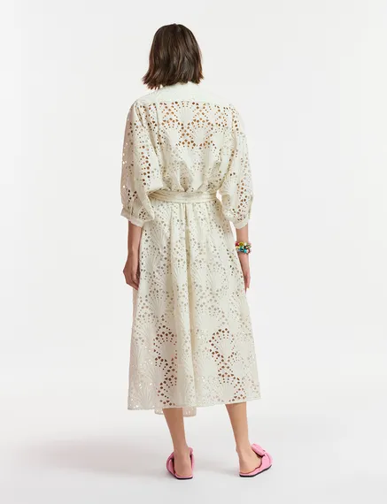 Robe midi blanc cassé en broderie anglaise de coton