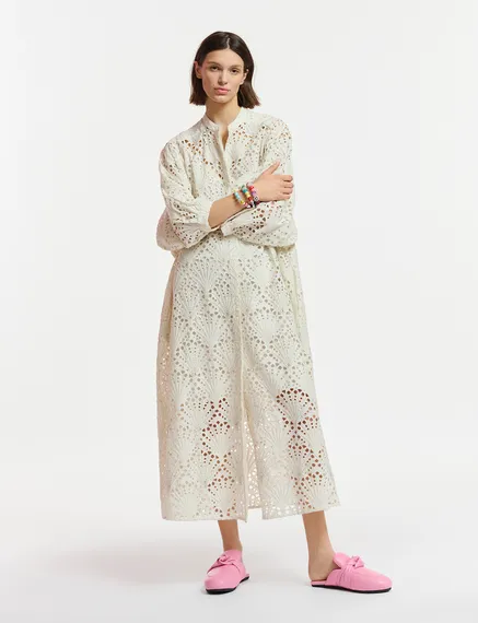 Off-white broderie anglaise cotton midi-length dress