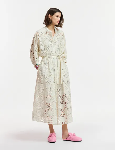 Robe midi blanc cassé en broderie anglaise de coton