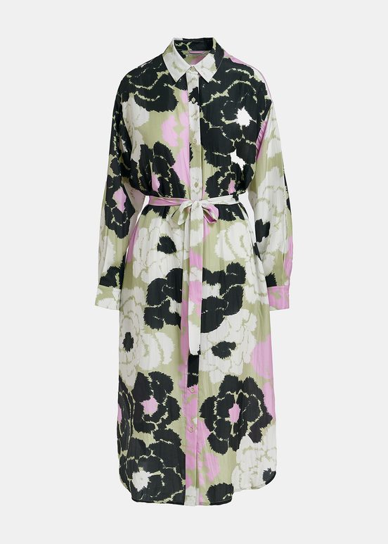 Light khaki silk shirt dress with floral print