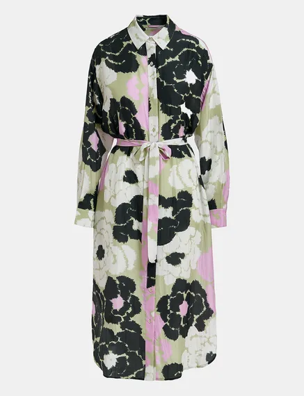 Light khaki silk shirt dress with floral print