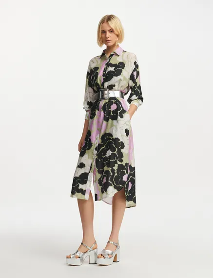 Light khaki silk shirt dress with floral print